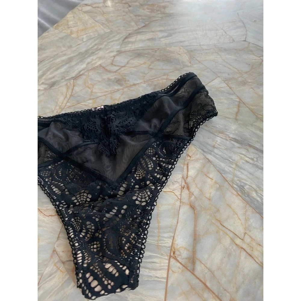 Victoria's Secret Black Lace Sheer Mesh Thong Panty Eyelash Trim Lingerie
